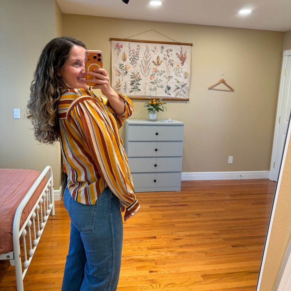 Frame Silk Yellow Tan Striped Overized Retro Button Front Long Sleeve Blouse XS - Picture 3 of 13